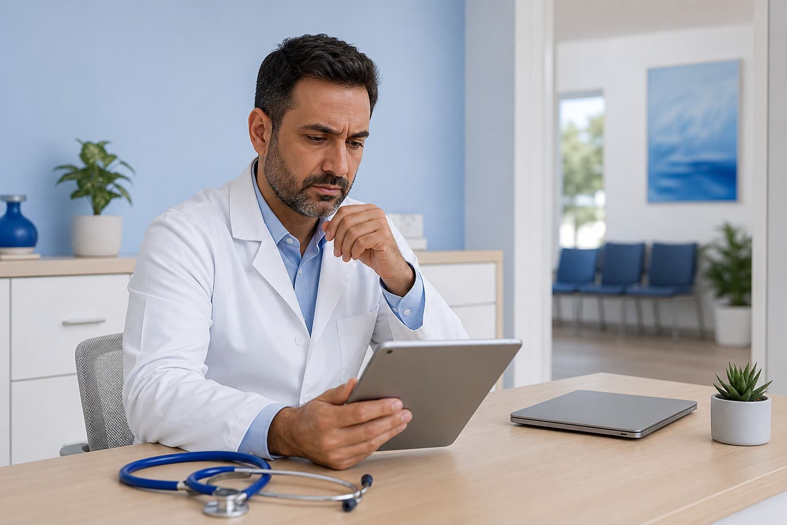 Physician reviewing clinic systems in a modern consultation room